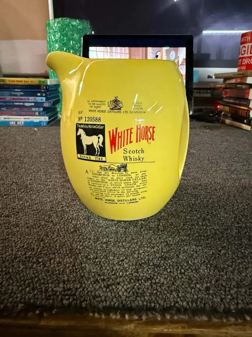 Vintage White Horse Scotch Whisky Yellow Advertising Ceramic Pitcher Pub Jug